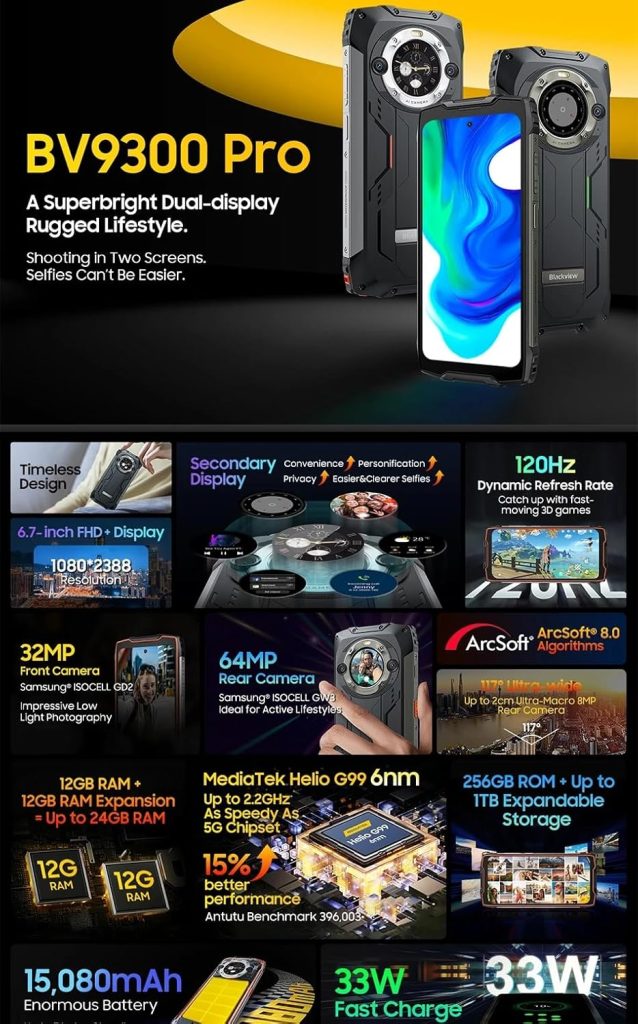 BV9300 Pro Helio G99 Rugged Phone Android 13 12GB 256GB 6.7" 120Hz Display, 15080mAh With 33W Charge 100LM Flashlight (Black)