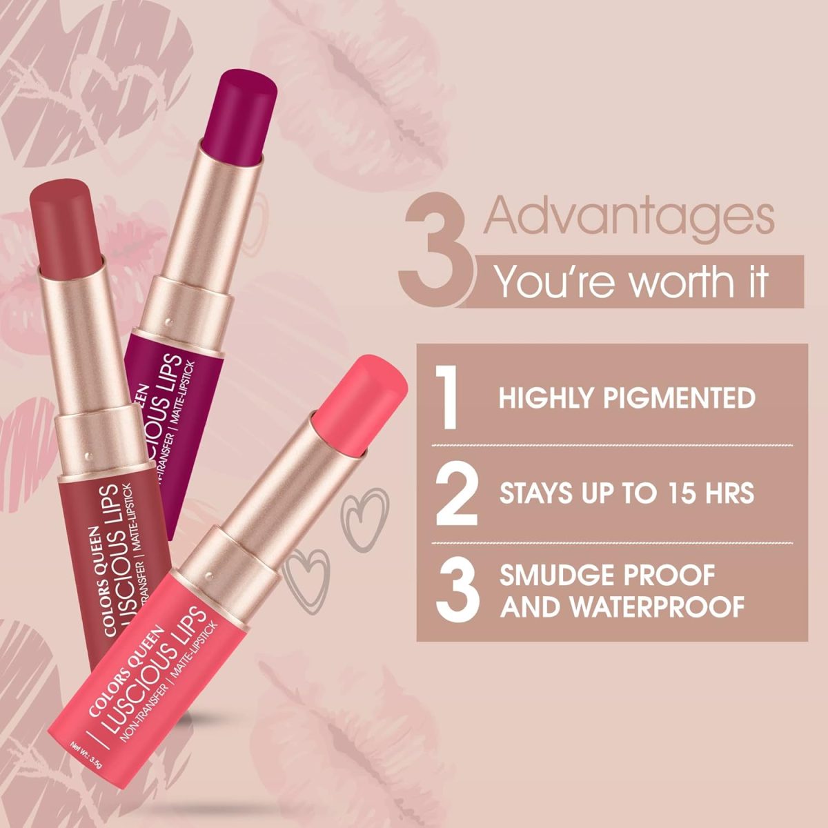 ⁦Colors Queen Luscious Lips - Non Transfer Creamy Matte Lipstick | Highly Pigmented with Smooth Application | Long Lasting Lipstick Waterproof | Smudge Proof Lipstick for Women (03 - Rosy Sunday - 3.5g⁩ - الصورة ⁦4⁩