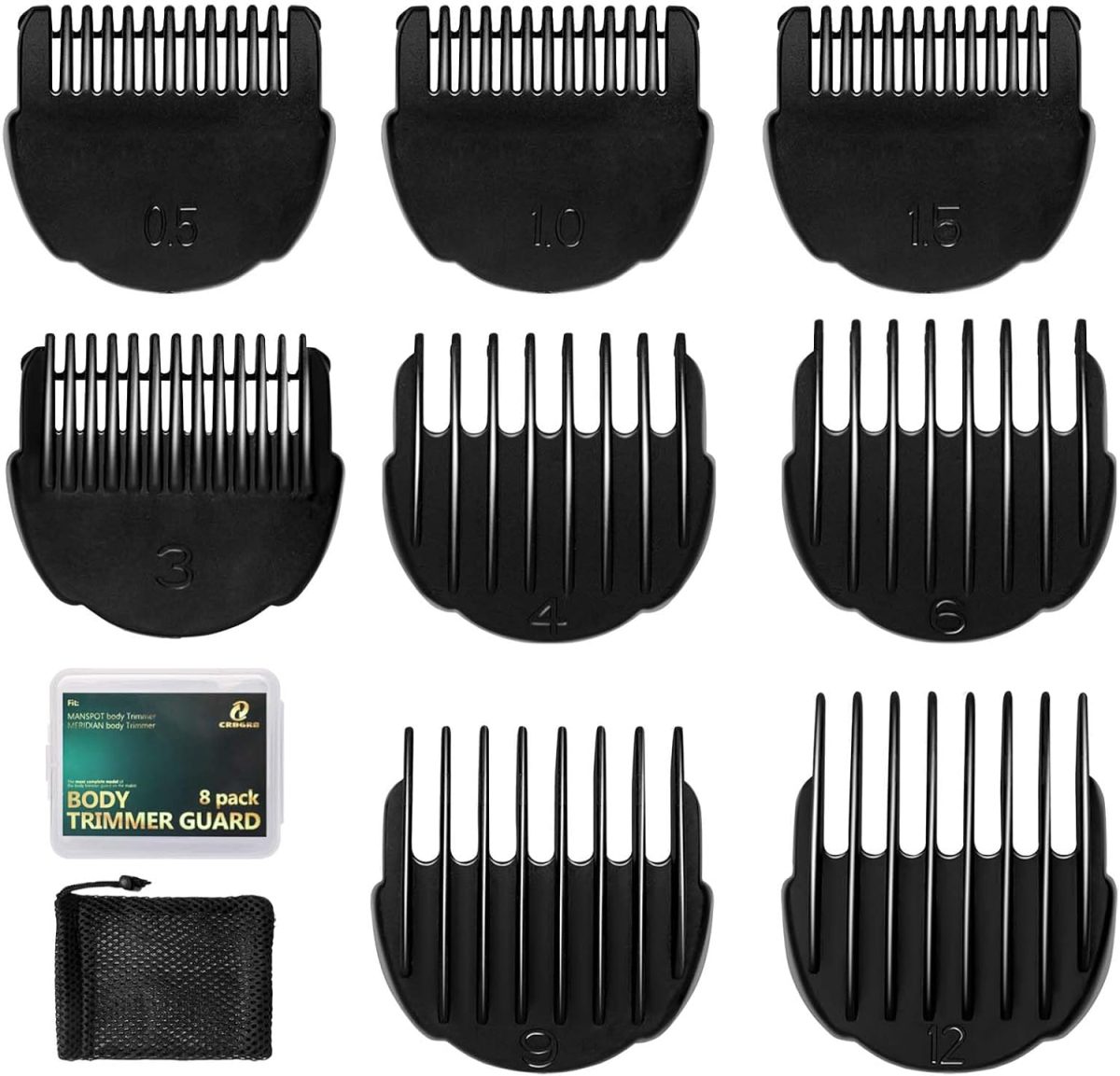 CR8GR8 Body Trimmer Guards,Guides Fit for Manspot Groin Hair Trimmer for Men,8pcs Clipper guards Set Fit for Meridian Ball Timmer,0.02inch to 0.5Inch(0.5mm-12mm) Black