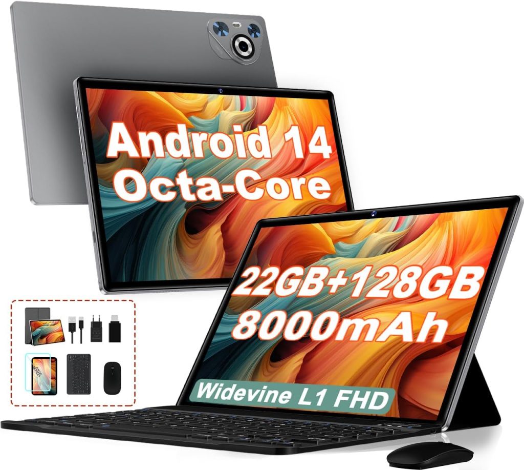 2025 Newest Android Tablet 14 Touch Tablet, 22(6+16)GB RAM+128GB ROM/TF 2TB, 8-Cores, 8000mAh, GPS, Face ID, Widevine L1, BT5.0, 8MP+5MP, WLAN 6, Parental Control, Tablet with Mouse-Grey