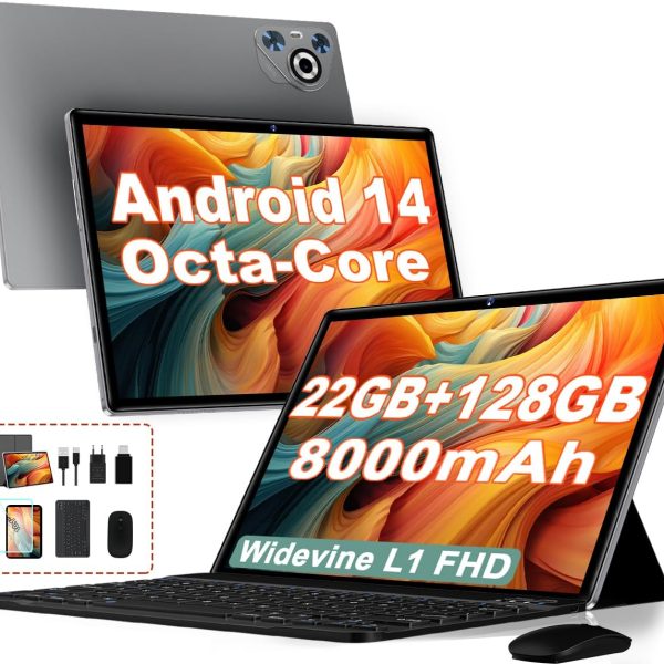 2025 Newest Android Tablet 14 Touch Tablet, 22(6+16)GB RAM+128GB ROM/TF 2TB, 8-Cores, 8000mAh, GPS, Face ID, Widevine L1, BT5.0, 8MP+5MP, WLAN 6, Parental Control, Tablet with Mouse-Grey
