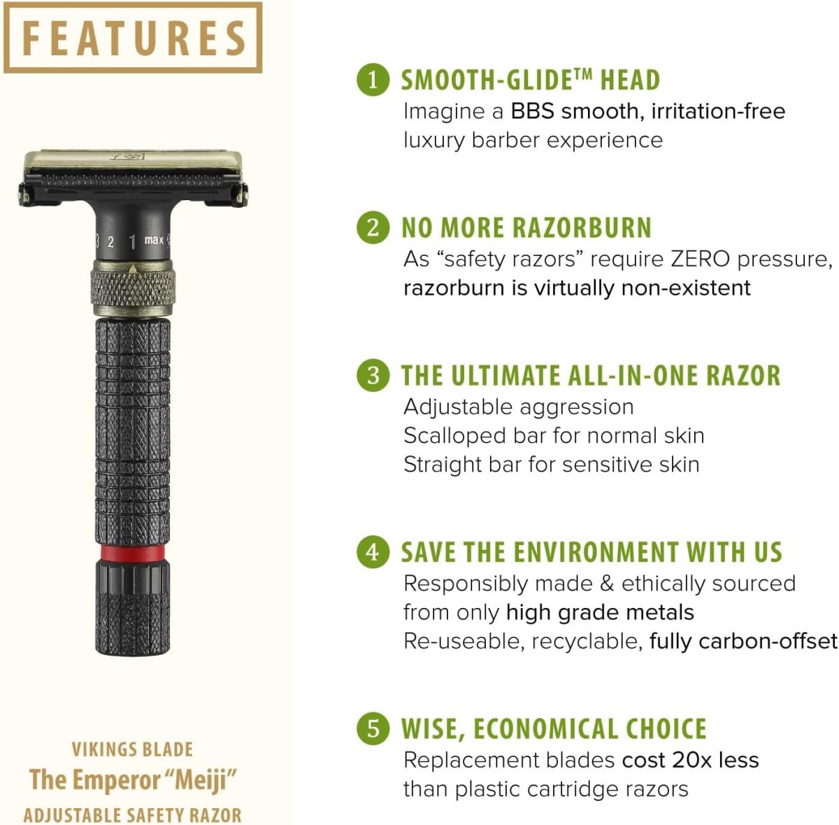 ⁦VIKINGS BLADE Adjustable Double Edge Safety Razor, The Emperor MEIJI by , Short & Fat Handle, Solid Brass, Butterfly Twist-To-Open, Eco Friendly, Luxury Case. Smooth, Close, Clean Shaving Razor⁩ - الصورة ⁦2⁩