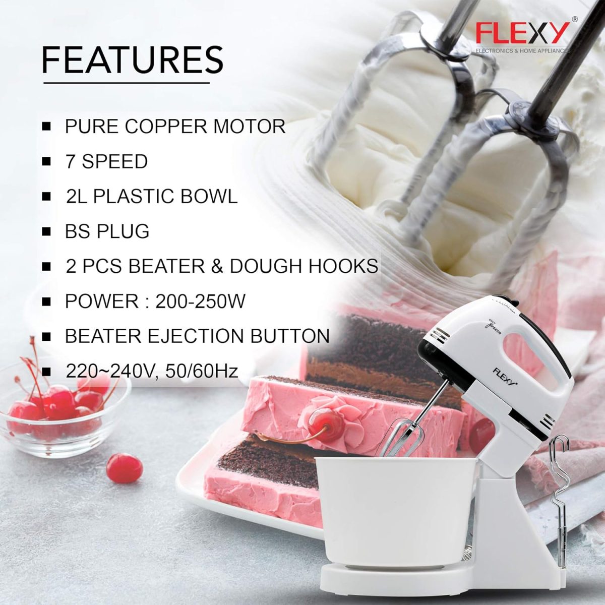 ⁦FLEXY® Germany Turbo 7 Speed 250W Hand Mixer With 2 Beaters, 2 Dough Hooks And 2L Bowl - 2 Years Warranty⁩ - الصورة ⁦3⁩