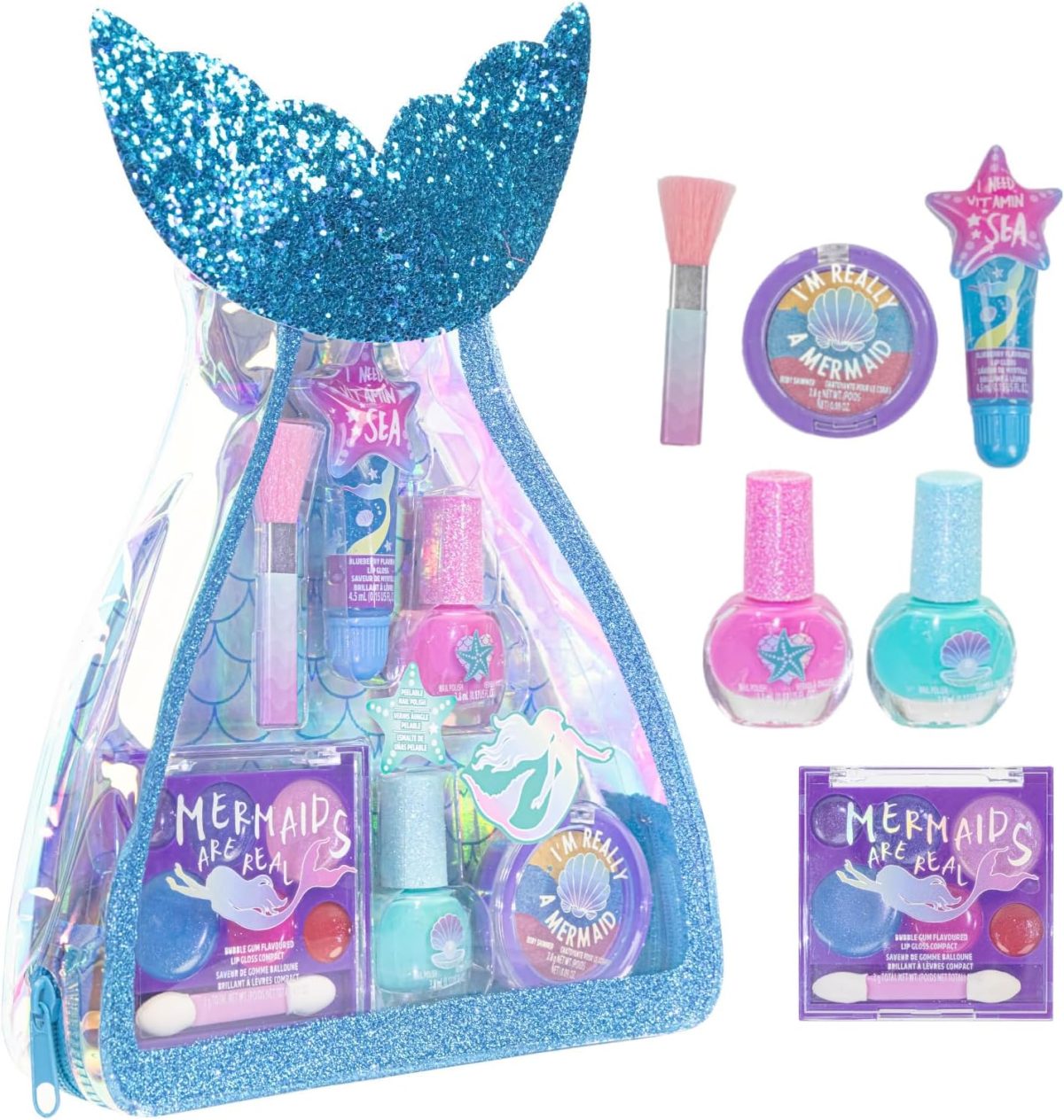 Townley Girl Mermaid Vibes Makeup Set with 8 Pieces, Including Lip Gloss, Nail Polish, Body Shimmer and More in Mermaid Bag, Ages 3+ for Parties, Sleepovers and Makeovers