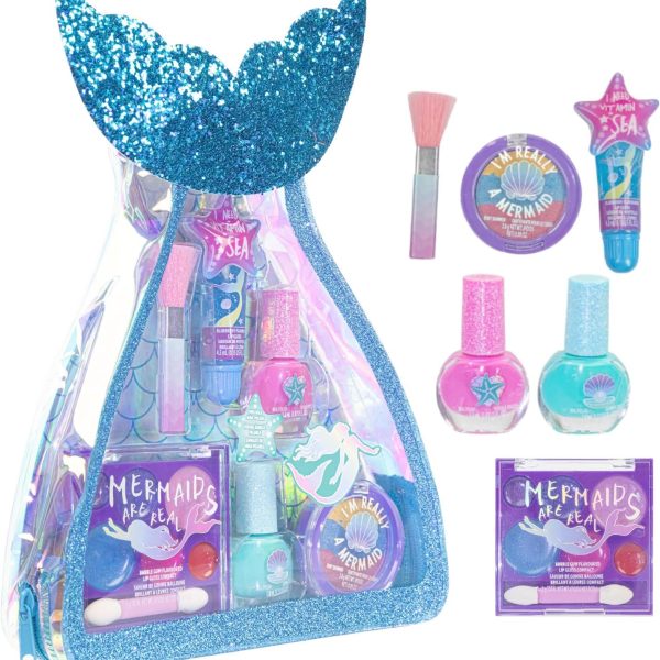 Townley Girl Mermaid Vibes Makeup Set with 8 Pieces, Including Lip Gloss, Nail Polish, Body Shimmer and More in Mermaid Bag, Ages 3+ for Parties, Sleepovers and Makeovers