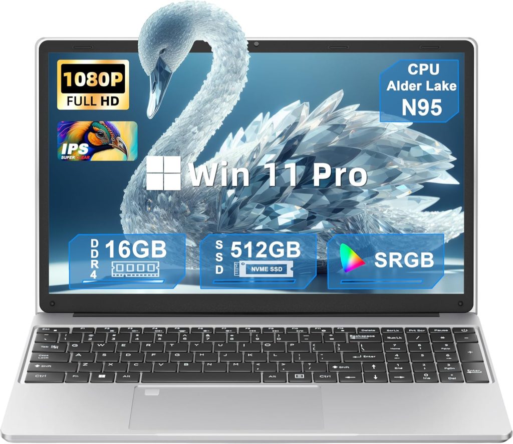 2025 15.6" FHD IPS Business Laptop, Laptop with Alder Lake N95(Up to 3.4GHz),15.6-inch UHD IPS Display 16GB RAM 512GB NVMe SSD Win 11 Pro,5800mAh Battery,WiFi 5, Backlit KB,Fingerprint Sensor (Silver)