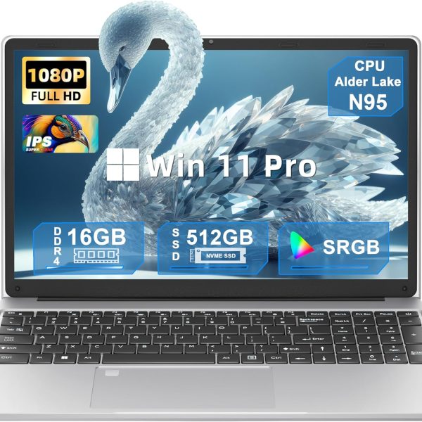 2025 15.6" FHD IPS Business Laptop, Laptop with Alder Lake N95(Up to 3.4GHz),15.6-inch UHD IPS Display 16GB RAM 512GB NVMe SSD Win 11 Pro,5800mAh Battery,WiFi 5, Backlit KB,Fingerprint Sensor (Silver)