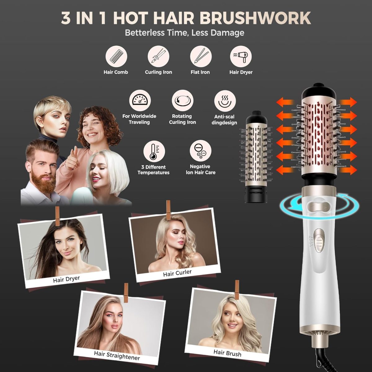 ⁦OKWRAP Rotating Hot Air Brush, Blow Dryer Brush Rotating with 2 Attachments for Drying, Smoothing, Shaping and Volume, Round Blow Dryer Brush, Rotating Warm Air Brush for Fine Hair Helps Dabe⁩ - الصورة ⁦2⁩
