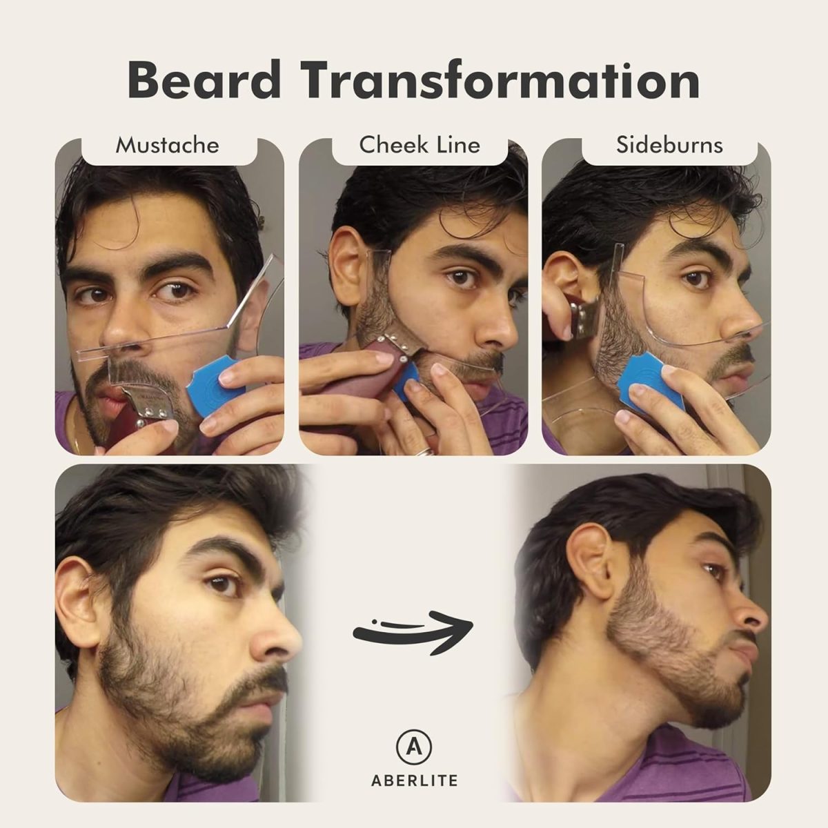 ⁦Aberlite Beard Shaper - Beard Lineup Tool W/Barber Pencil (White) - 100% Clear | Many Styles | Long Edges | Anti-Slip - The Ultimate Beard Shaping Tool (Blue) - Beard Stencil Guide - Works w/Trimmer⁩ - الصورة ⁦4⁩