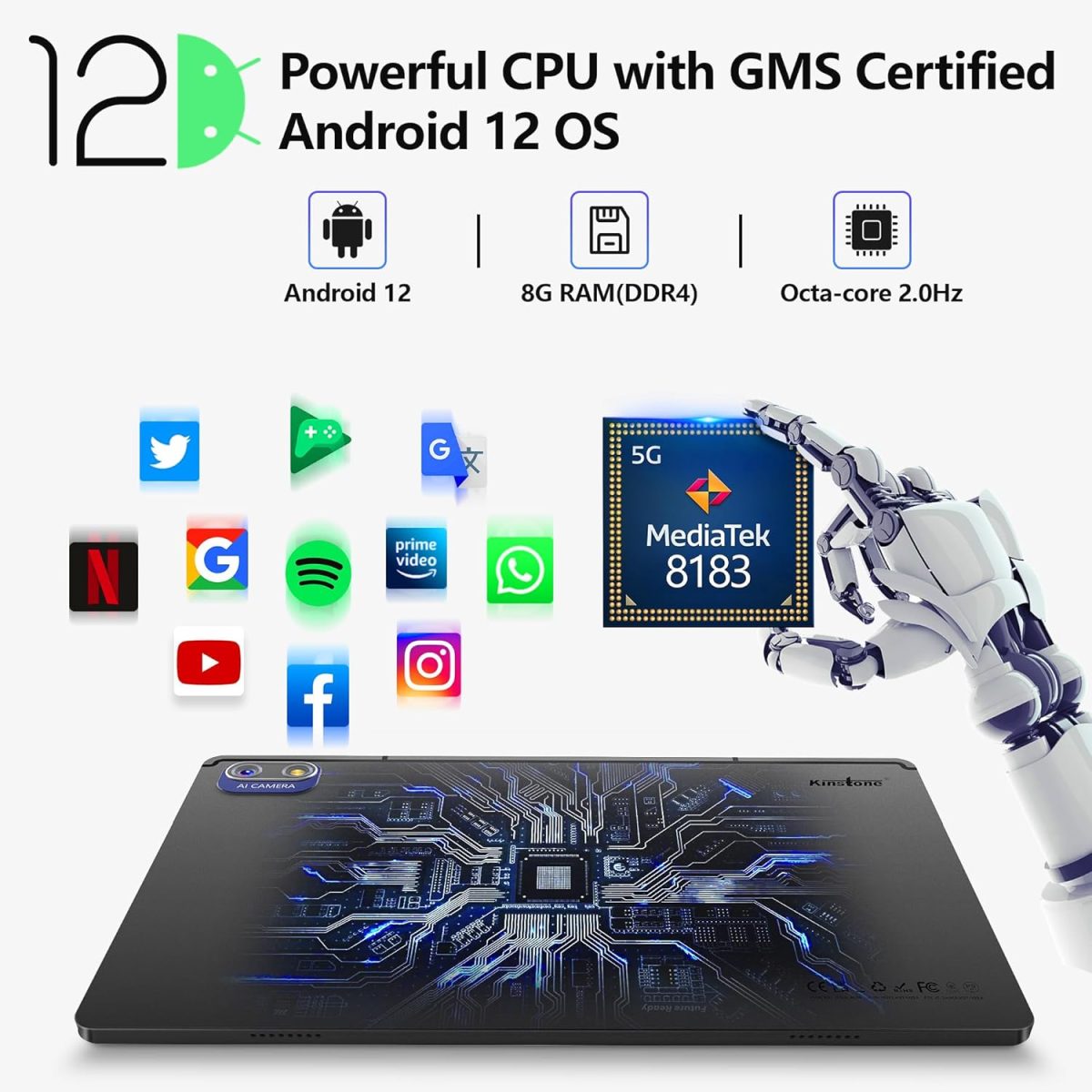 ⁦Kinstone 10.1 Inch Android Gaming Tablet, 8GB RAM 256GB ROM, Octa-Core 2.0GHz, FHD 1920x1200 IPS Screen, 6000mAh Battery, Blueteeth 5.0 & Dual WiFi, 13MP Camera, Metal Body, GMS Certified, Arabic⁩ - الصورة ⁦2⁩