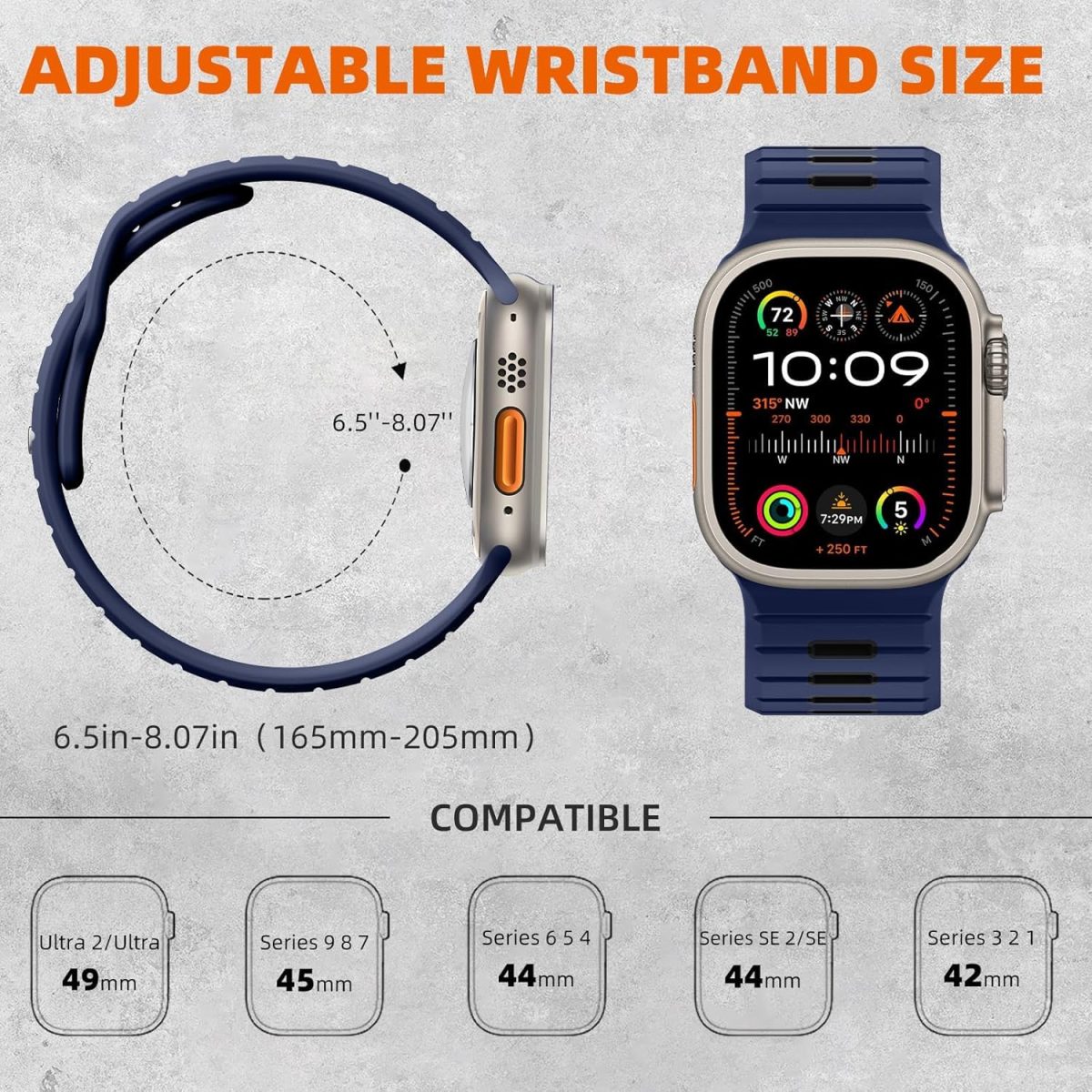 ⁦Upeak Sport Strap Compatible with Apple Watch Ultra 2 Band/Ultra 49mm 45mm 44mm 42mm Men, 26mm Adjustable Silicone Loop Replacement Strap for Apple Watch Band/iWatch Series 9 8 7 6 5 4 3 2 1 SE⁩ - الصورة ⁦5⁩