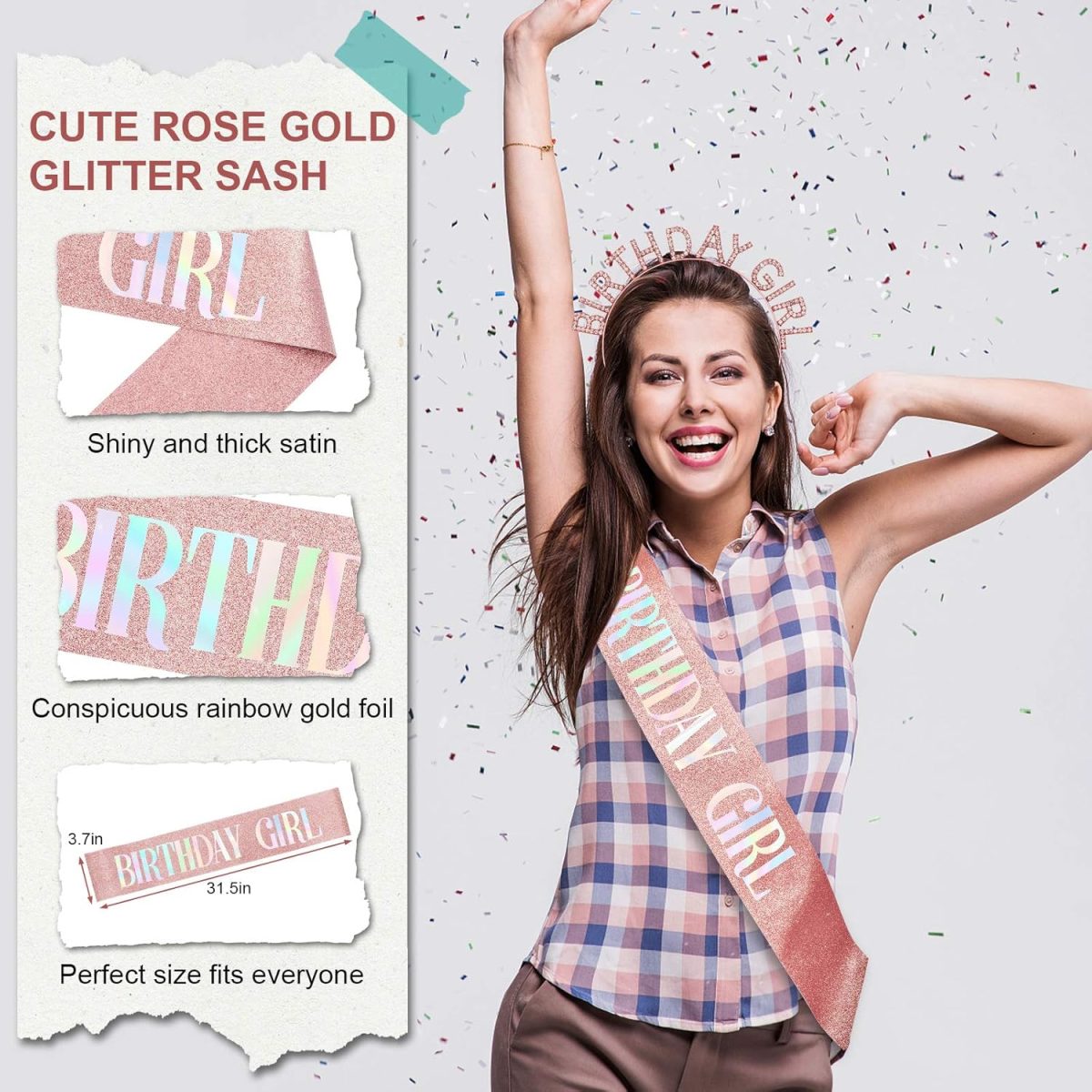 ⁦Aurmigle Birthday Crowns for Women, Rose-Gold Birthday Girl Sash & Birthday Tiara for Women Set, Princess Rhinestone Birthday Girl Headband Birthday Gifts for Women, Sweet Happy Birthday Accessories⁩ - الصورة ⁦4⁩