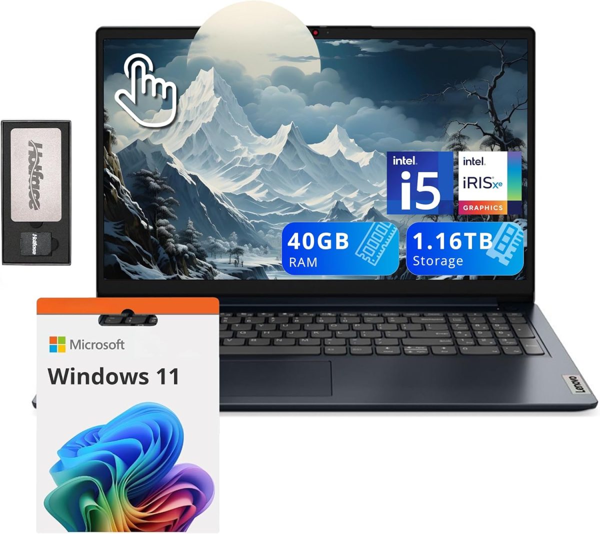 Lenovo IdeaPad 1i 15.6" FHD Touchscreen Laptop, Intel i5-1235U, 40GB RAM, 1.16TB Storage(1TB SSD+160GB Docking Station Set), Intel Iris Xe Graphics, Num Pad, Dolby Audio, Wi-Fi 6, Win 11, Abyss Blue
