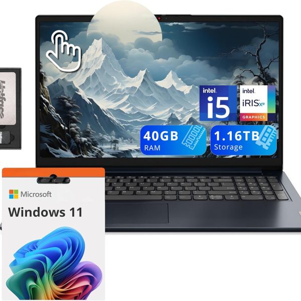 Lenovo IdeaPad 1i 15.6" FHD Touchscreen Laptop, Intel i5-1235U, 40GB RAM, 1.16TB Storage(1TB SSD+160GB Docking Station Set), Intel Iris Xe Graphics, Num Pad, Dolby Audio, Wi-Fi 6, Win 11, Abyss Blue