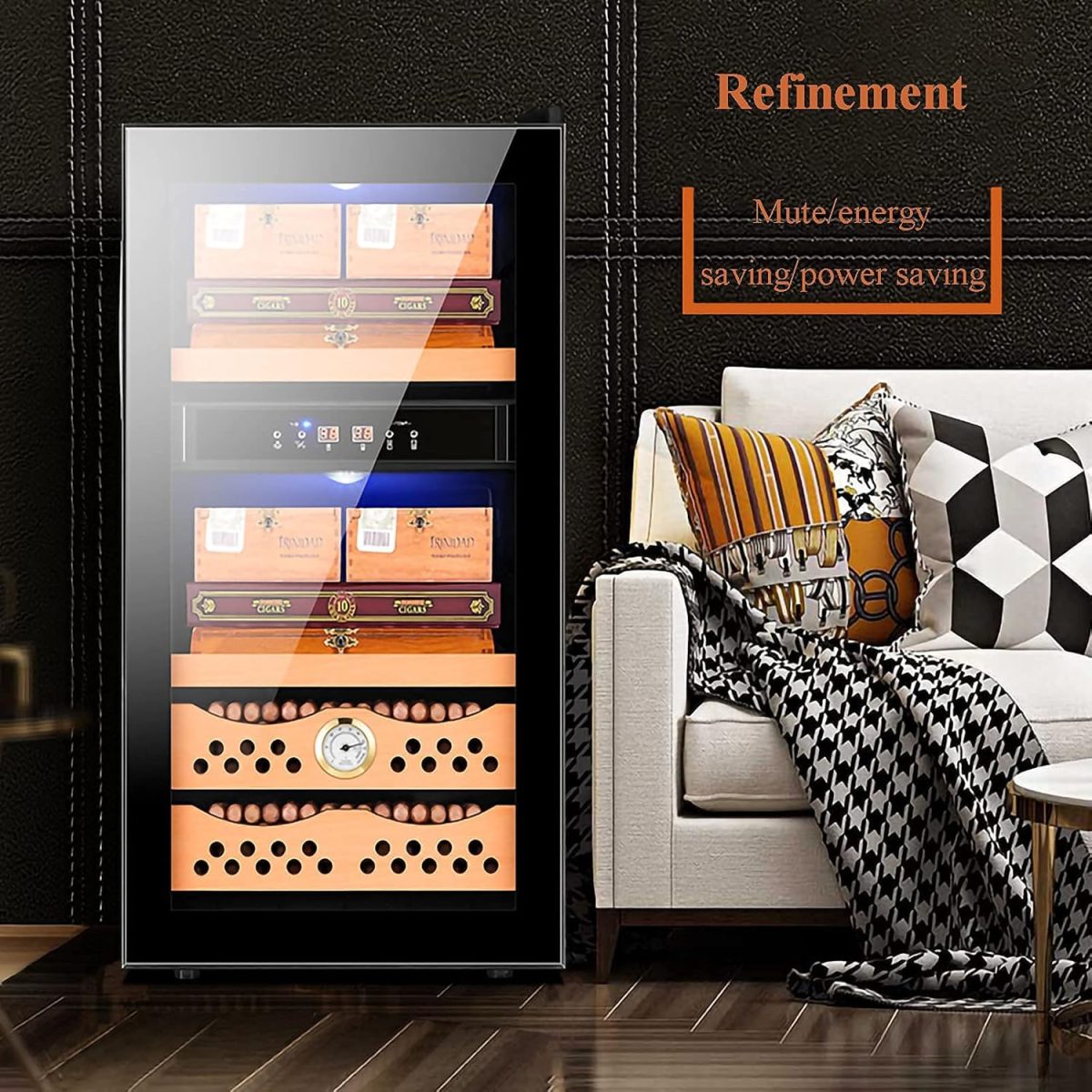 ⁦Freestanding cigar humidor Cigar Cooler/Cabinet Black Cigar Humidor Front Glass Door Counter Quiet Operation Compressor Adjust Temperature Wauyan⁩ - الصورة ⁦5⁩