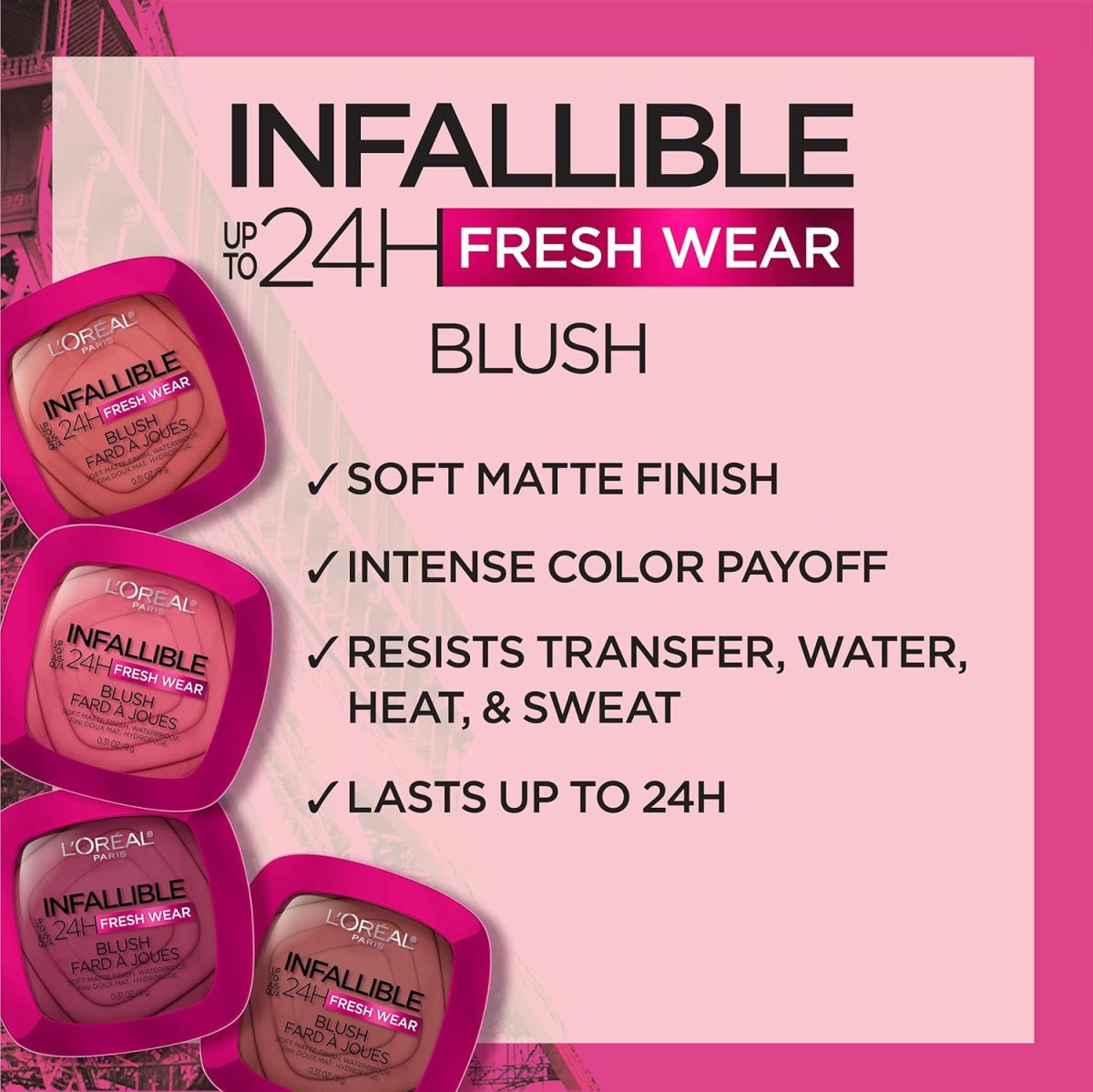 ⁦L'Oreal Paris Infallible Up to 24H Fresh Wear Soft Matte Blush, Blendable, Long-Lasting and Waterproof Cheek Make Up, Daring Rosewood 20, 0.31 Oz⁩ - الصورة ⁦4⁩