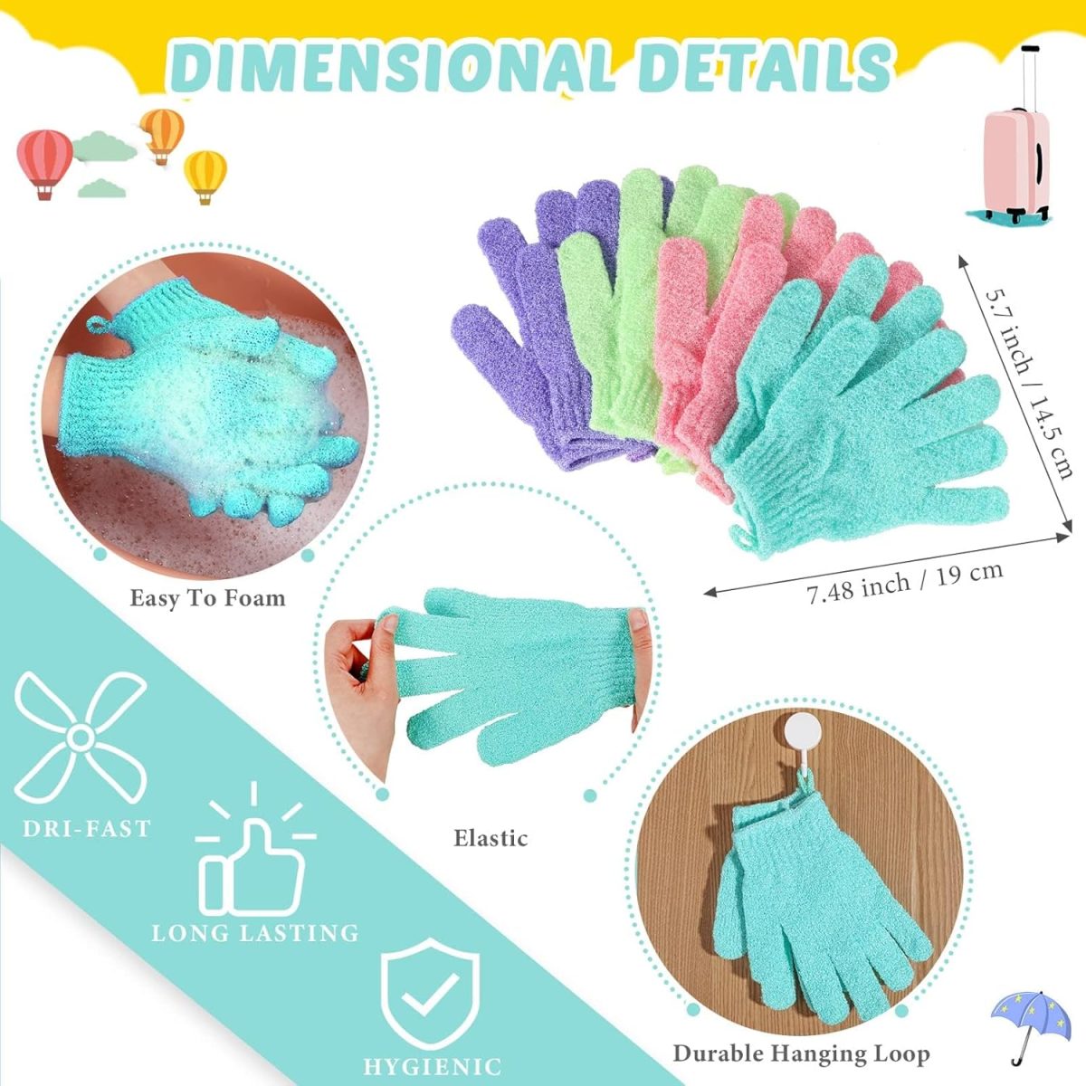 ⁦Hepiide [Upgrade]12Pcs Shower Gloves Body Exfoliating Wash Gloves Set, 4 Body Scrubber Nylon Back Washer, 8 Pcs Scrub mitts for Women Men Skin Stretchable Pull Strap Washcloth (Multi)⁩ - الصورة ⁦4⁩