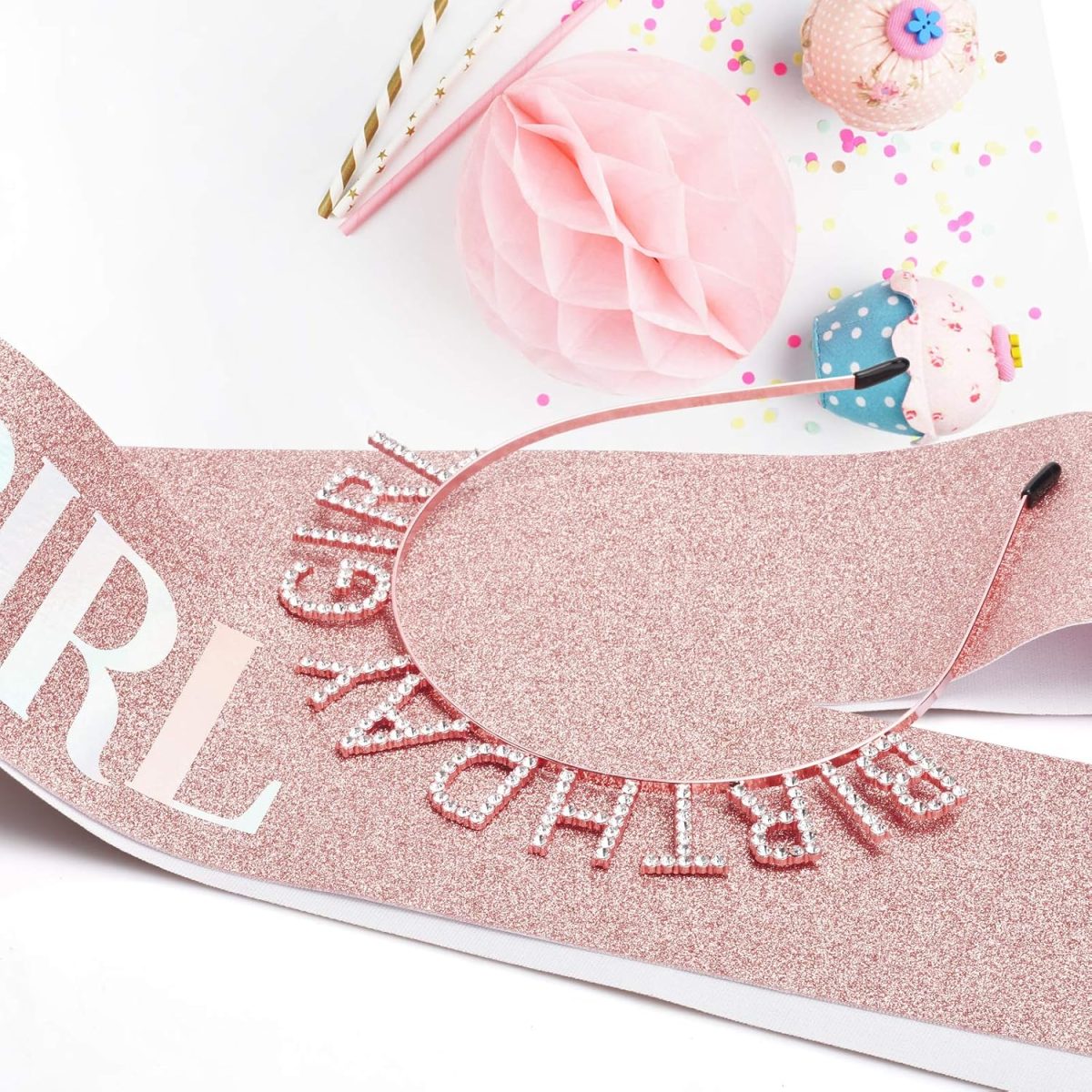 ⁦Aurmigle Birthday Crowns for Women, Rose-Gold Birthday Girl Sash & Birthday Tiara for Women Set, Princess Rhinestone Birthday Girl Headband Birthday Gifts for Women, Sweet Happy Birthday Accessories⁩ - الصورة ⁦6⁩