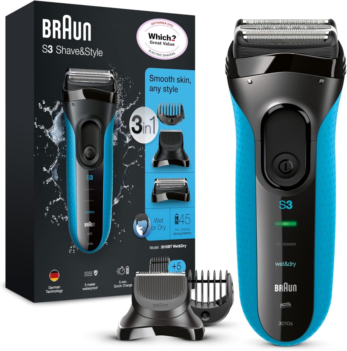 Braun Series 3 ProSkin Style & Shave Electric Shaver For Men With Precision Trimmer, Hair Clipper and 5 Combs, Wet & Dry, 100% Waterproof, 3010BT, Black/Blue Razor, Rated Which Great Value