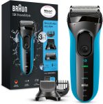 Braun Series 3 ProSkin Style & Shave Electric Shaver For Men With Precision Trimmer, Hair Clipper and 5 Combs, Wet & Dry, 100% Waterproof, 3010BT, Black/Blue Razor, Rated Which Great Value