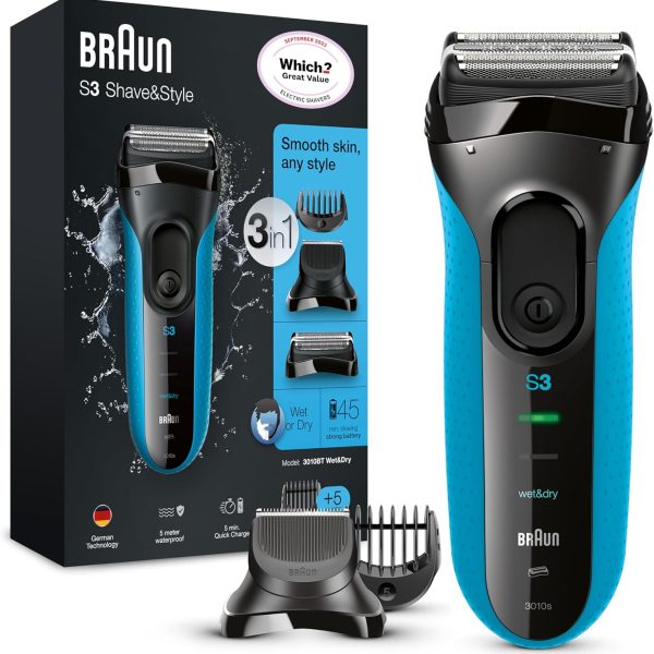 Braun Series 3 ProSkin Style & Shave Electric Shaver For Men With Precision Trimmer, Hair Clipper and 5 Combs, Wet & Dry, 100% Waterproof, 3010BT, Black/Blue Razor, Rated Which Great Value