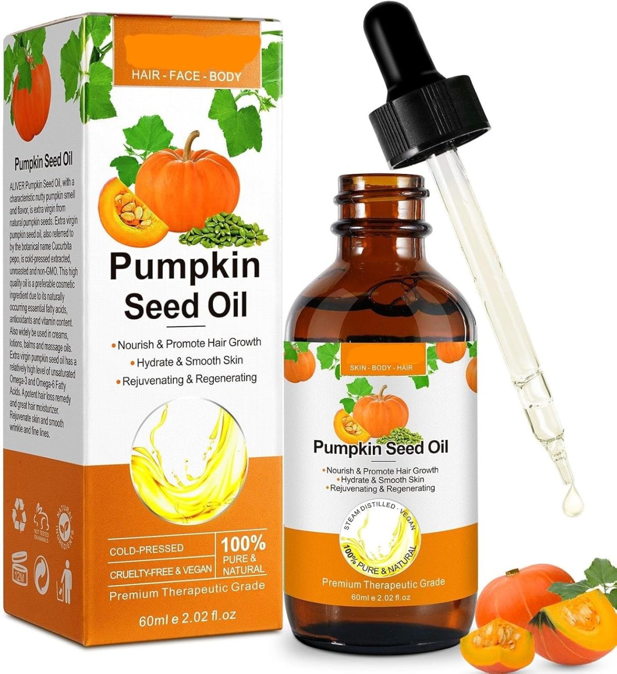 ALIVER UEPETU Hair Grow Oil 60ml, Pumpkin Seed Oil Serum for Hair Growth , Carrier Oil for Face Nails Body Skin, Ideal for Aromatherapy and Massage Base Oil
