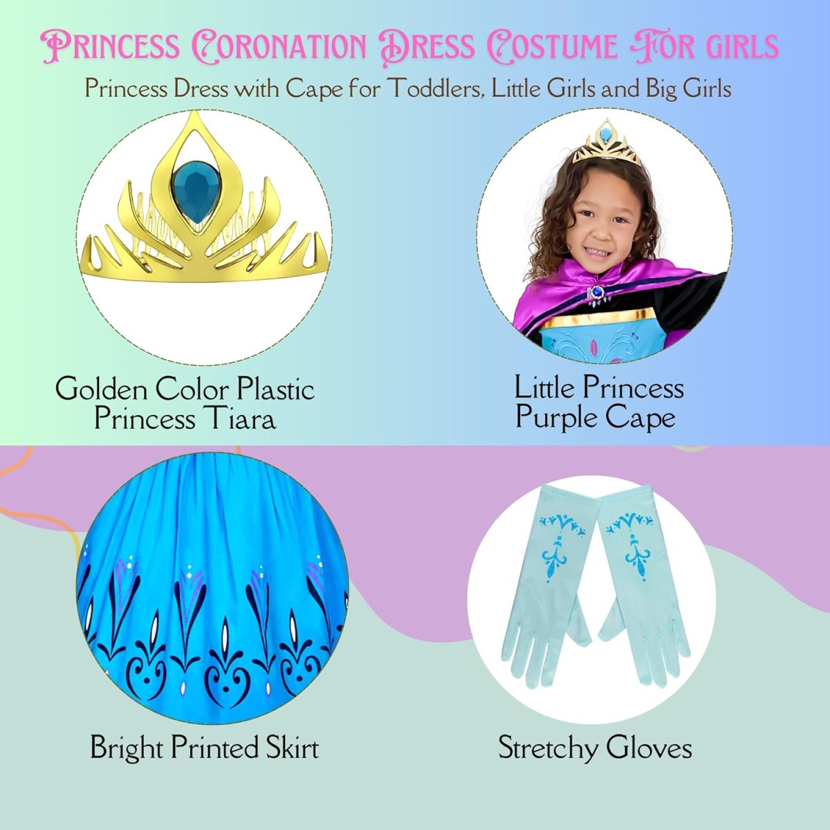 ⁦Cokos Box Girls Coronation Dress Costume Cape Gloves Tiara Crown Accessories Set⁩ - الصورة ⁦6⁩