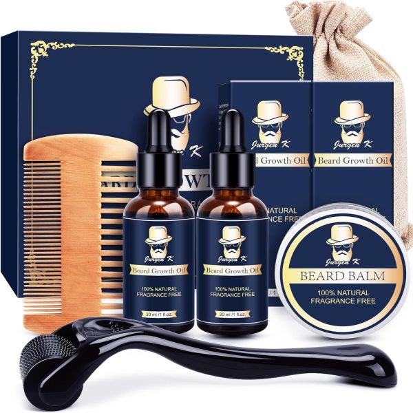 Jurgen K Beard Growth Kit - Beard Kit with Beard Growth Oil (2 Packs), Balm, Comb, Shaving Soap Bowls, Massager for Patchy Beard, Birthday & Christmas Gifts for Men