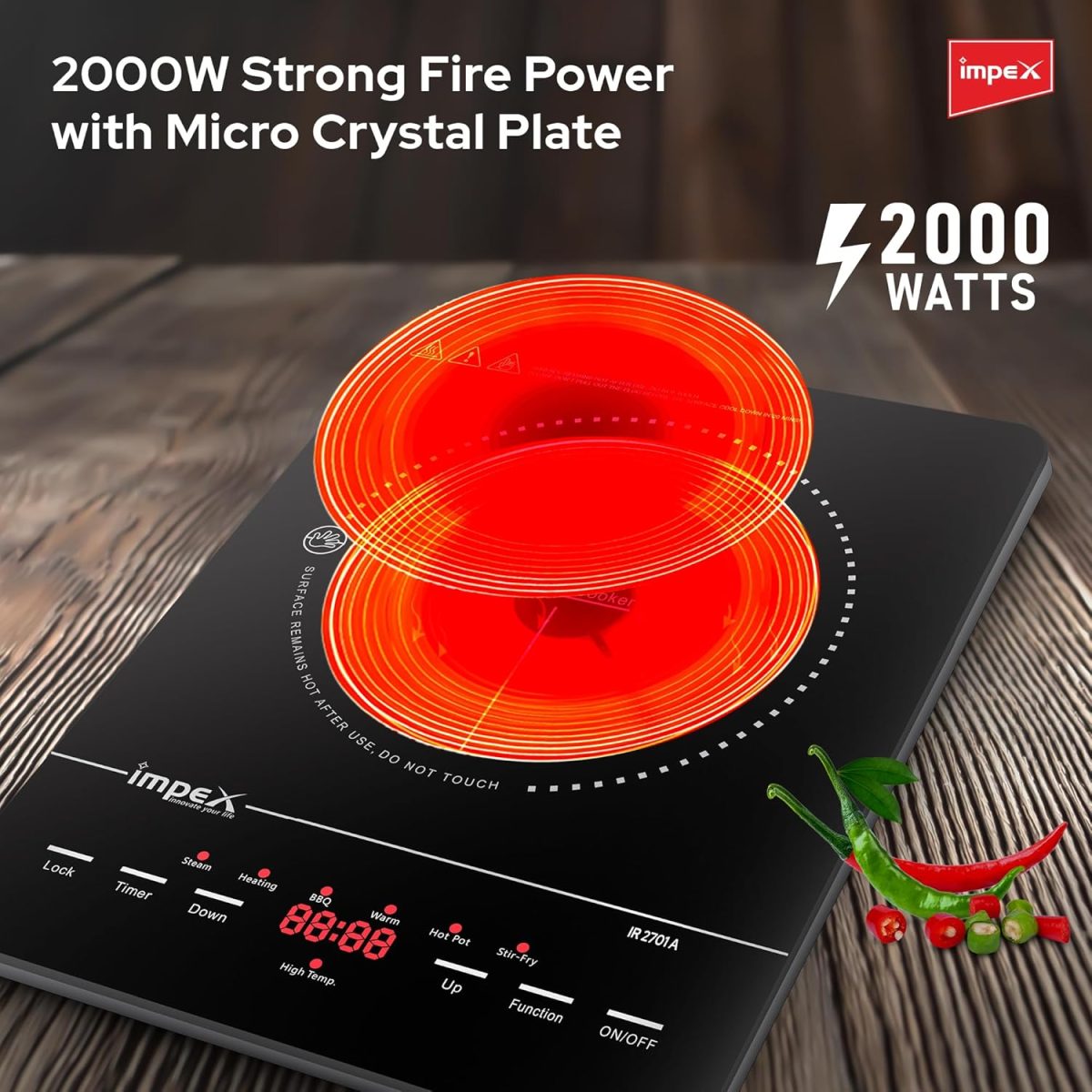 ⁦Impex Infrared Cooktop With 4 Digit LED Display & Push Button Control,10 Temperature Settings And 6 Cooking Mode 3hrs Programmable Timer Compatible with All Cookware,2 Year Warranty-1500W⁩ - الصورة ⁦4⁩