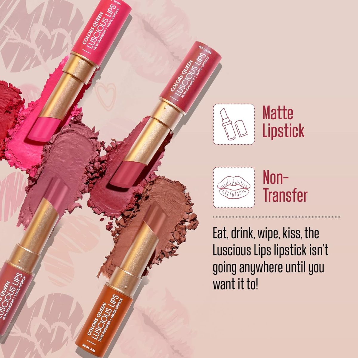 ⁦Colors Queen Luscious Lips - Non Transfer Creamy Matte Lipstick | Highly Pigmented with Smooth Application | Long Lasting Lipstick Waterproof | Smudge Proof Lipstick for Women (03 - Rosy Sunday - 3.5g⁩ - الصورة ⁦3⁩