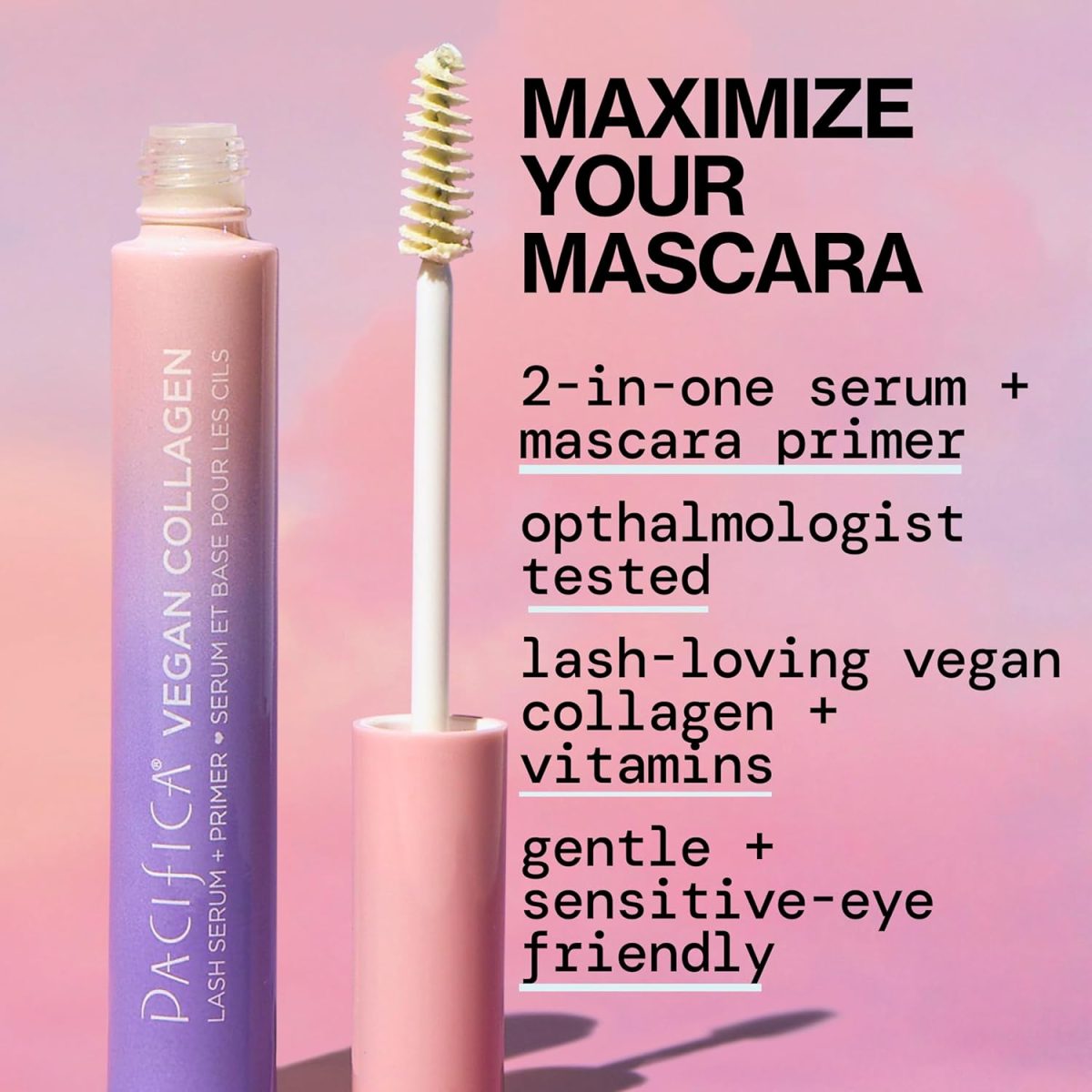 ⁦Pacifica Beauty Vegan Collagen Lash Serum and Clear Mascara Primer, Makeup, Conditioning Vitamin E and Vitamin B, Fluffy Lashes, Lash Primer, Cruelty Free, Silicone Free, Clean Makeup,0.24 oz(1 Count)⁩ - الصورة ⁦2⁩