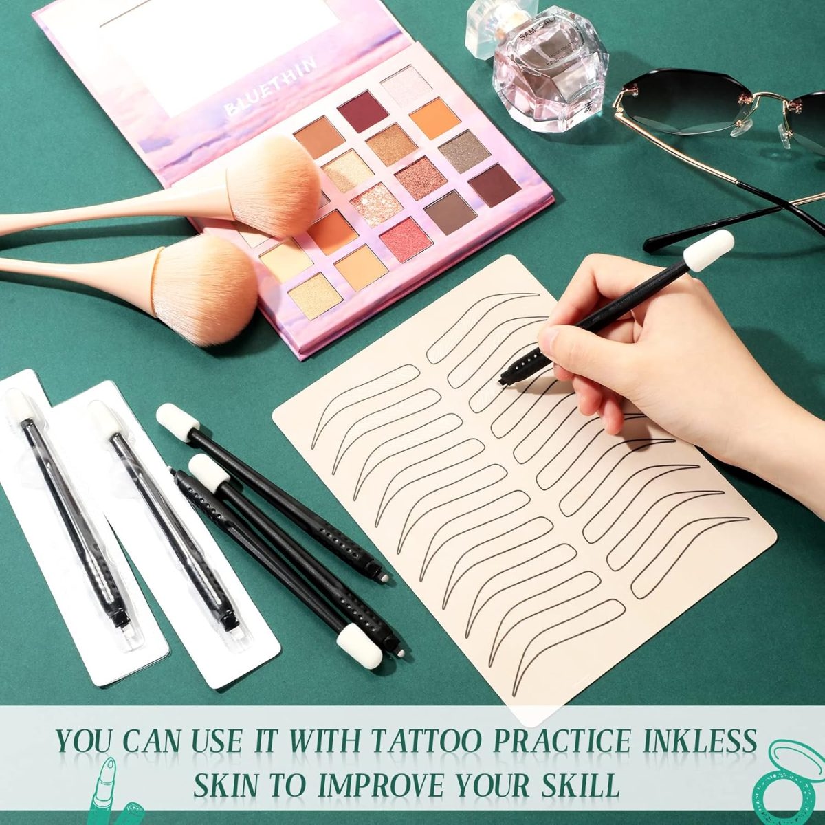 ⁦CHENGU 12 Pcs Microblading Manual Pen U18 18mm Disposable Microblading Pen with Pigment Sponge Eyebrow Microblading Hand Tools for Makeup, Black⁩ - الصورة ⁦2⁩