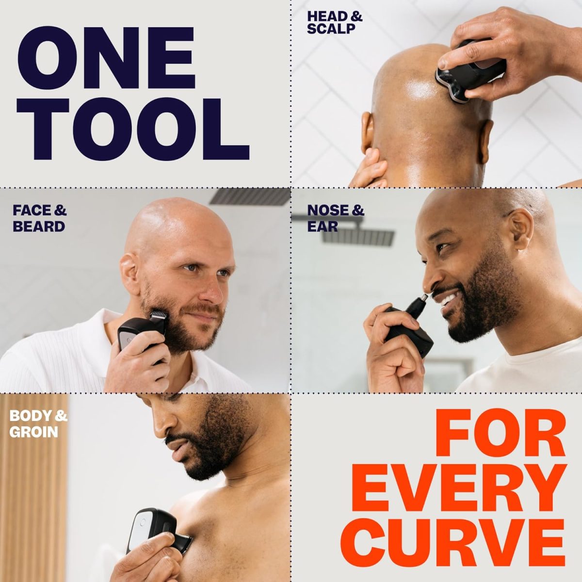 ⁦Freebird FlexSeries Pro Electric Head & Body Shaver - Mens Cordless Rechargeable Wet/Dry Skull Bald Head Back & Groin Waterproof Razor with Rotary Blades, Clippers, Nose Trimmer, Brush, Massager⁩ - الصورة ⁦6⁩