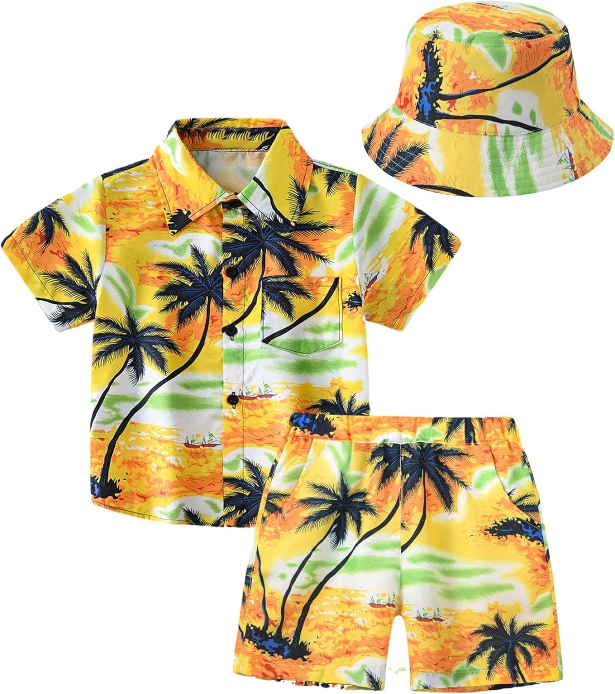 SEAUR Kids Beach Style Printed Hat Short Sleeve Shorts 3 Piece Set Personalised Holiday Essentials for Boys' Summer Beachwear Hawaiian Shirt Shorts and Bucket Boys
