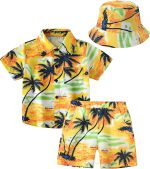 SEAUR Kids Beach Style Printed Hat Short Sleeve Shorts 3 Piece Set Personalised Holiday Essentials for Boys' Summer Beachwear Hawaiian Shirt Shorts and Bucket Boys