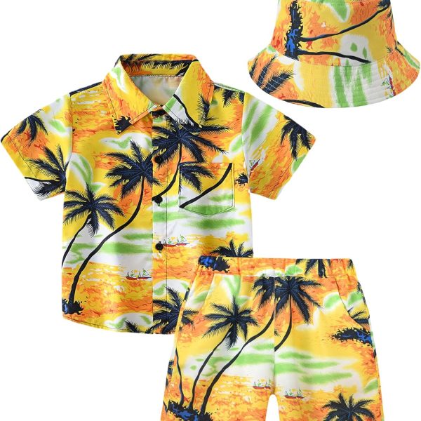 SEAUR Kids Beach Style Printed Hat Short Sleeve Shorts 3 Piece Set Personalised Holiday Essentials for Boys' Summer Beachwear Hawaiian Shirt Shorts and Bucket Boys