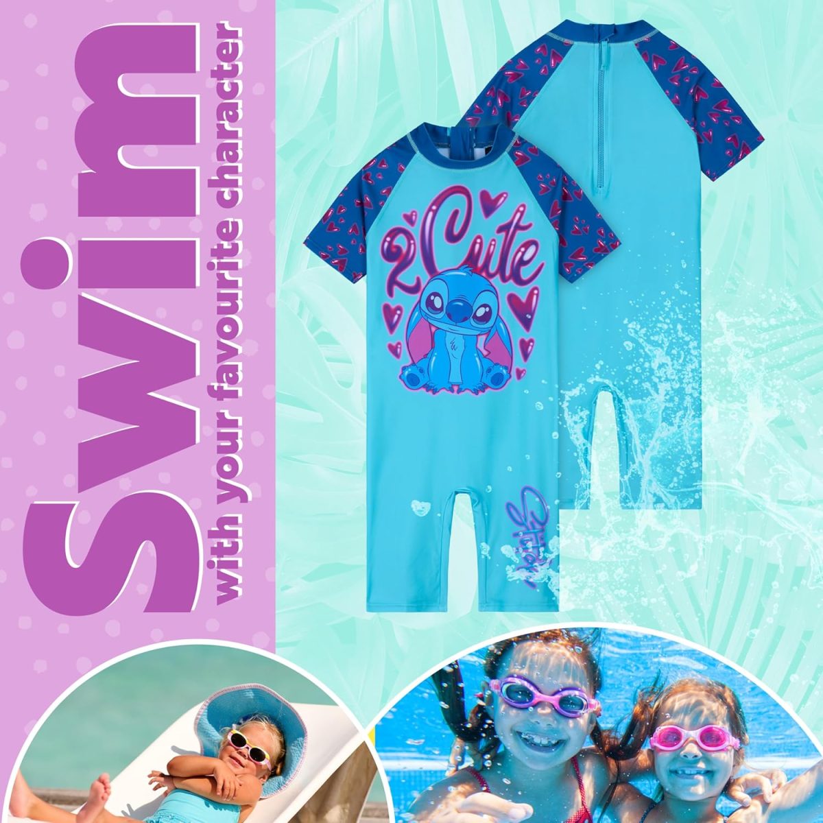 ⁦Disney Stitch Single Piece Swimsuit for Girls with Short Sleeves - Gift⁩ - الصورة ⁦5⁩