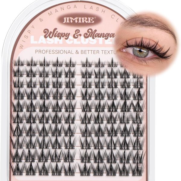 JIMIRE Manga Cluster Lashes Natural Look Anime Individual Eyelashes Cute 8-14MM Wispy Manhua Lash Clusters with Spiky 110 Pcs Manga Lashes Individual Cluster with Thin Band