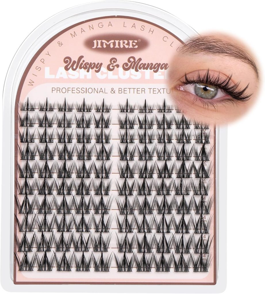JIMIRE Manga Cluster Lashes Natural Look Anime Individual Eyelashes Cute 8-14MM Wispy Manhua Lash Clusters with Spiky 110 Pcs Manga Lashes Individual Cluster with Thin Band