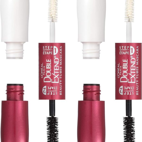 L'Oreal Paris Makeup Double Extend Tubing Mascara, Lengthening 2 Step Mascara, Smudgeproof, Black, Pack of 2