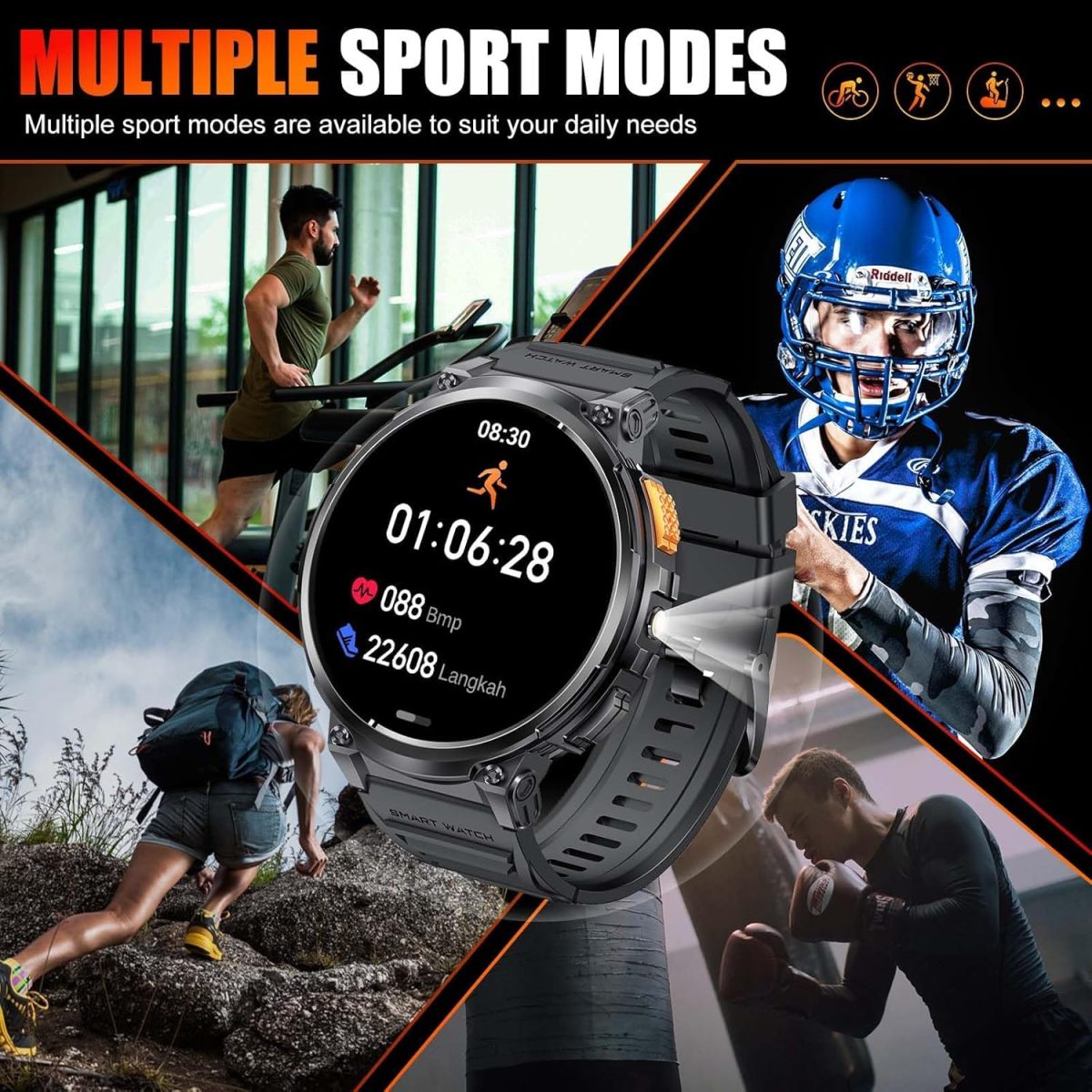 ⁦Military Smart Watches for Men with LED Flashlight 1.85" Large Screen 730mAh Big Battery Activity Tracker with Bluetooth Call Sport Modes Health Monitor Outdoor Tactical Smartwatch for iPhone Android⁩ - الصورة ⁦6⁩