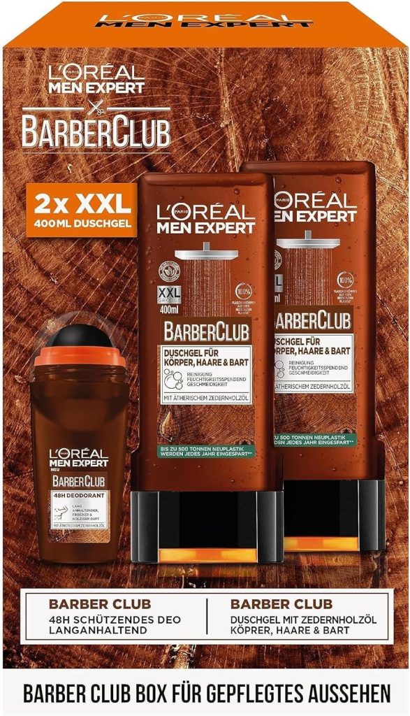 L'Oréal Men Expert Care Set for Men, Gift Set with XXL Shower Gel and Roll-On Deodorant for Men Including Bodywash and Deodorant Roll-On with Cedarwood Oil, Barber Club, 2 x 400 ml, 1 x 50 ml