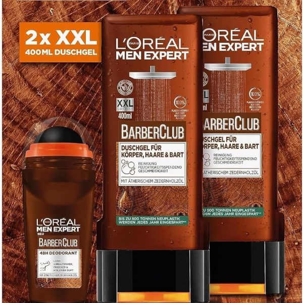 L'Oréal Men Expert Care Set for Men, Gift Set with XXL Shower Gel and Roll-On Deodorant for Men Including Bodywash and Deodorant Roll-On with Cedarwood Oil, Barber Club, 2 x 400 ml, 1 x 50 ml