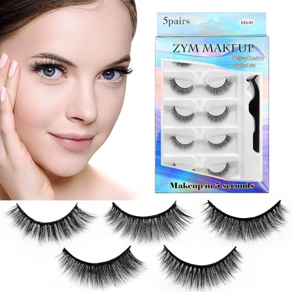 Hepiide 5 Pairs Self Adhesive Eyelashes: with Tweezers - No Glue Needed - Reusable Self Adhesive Eyelashes - False Eyelashes for Beginners (FZ5-06)