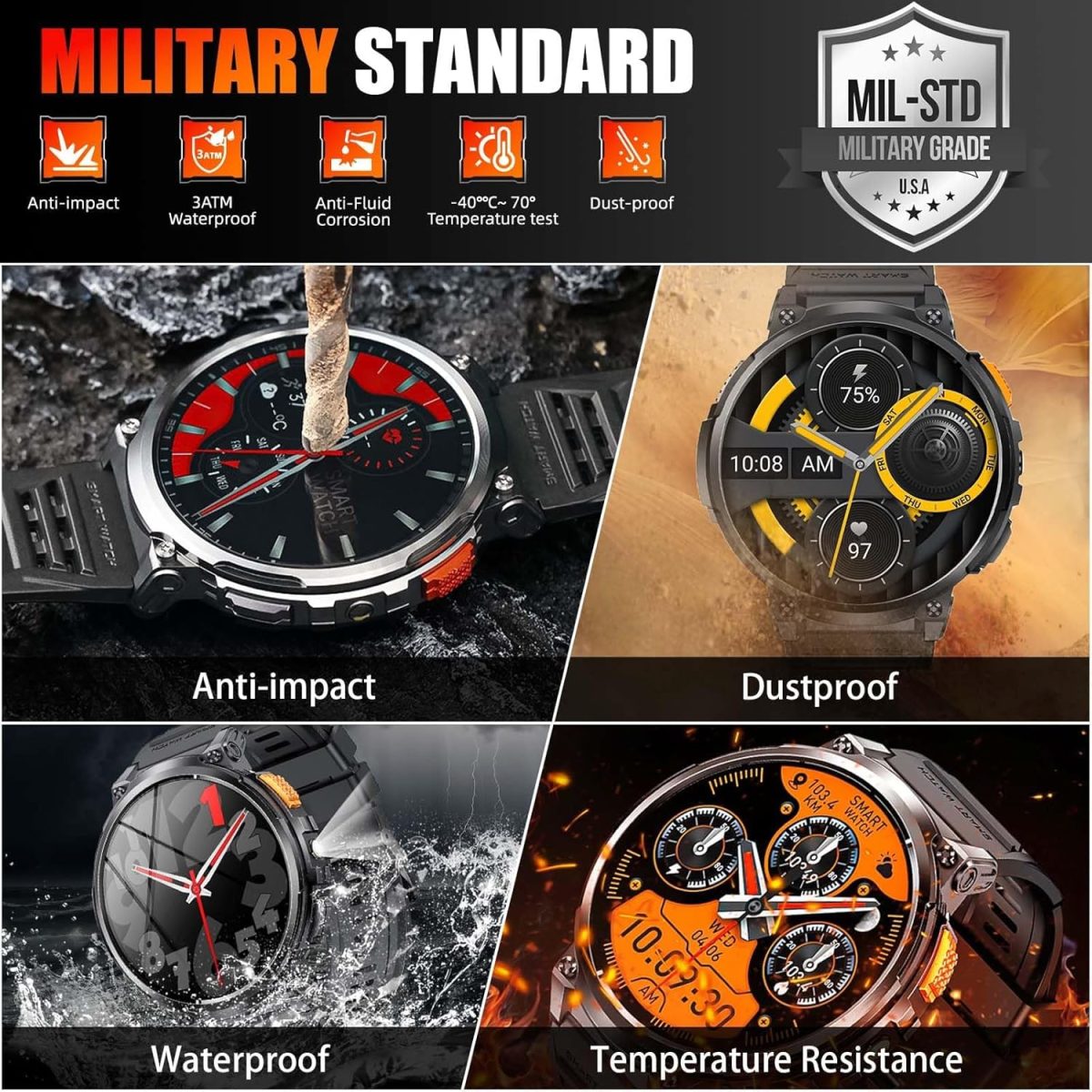 ⁦Military Smart Watches for Men with LED Flashlight 1.85" Large Screen 730mAh Big Battery Activity Tracker with Bluetooth Call Sport Modes Health Monitor Outdoor Tactical Smartwatch for iPhone Android⁩ - الصورة ⁦2⁩