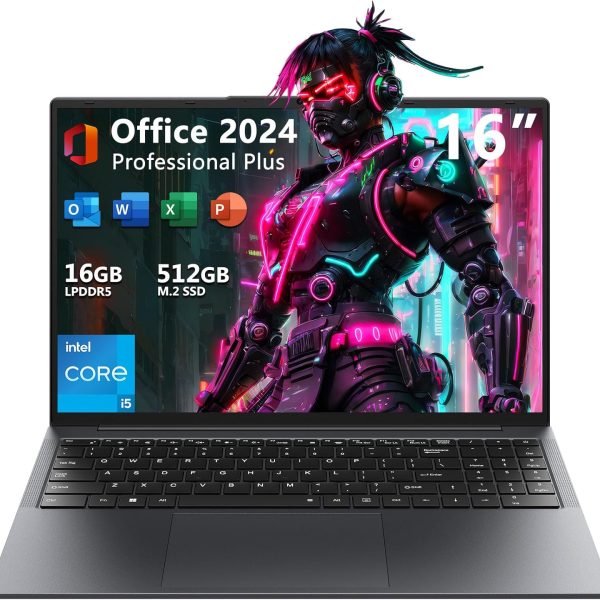 TPV 16" Laptop Computer Intel Core i5, 16GB RAM, 512GB SSD, MS Office 2024, IPS(1920 x 1200) 16:10 Display, Windows 11 Pro Notebook PC with BT5.0 Wi-Fi, 3xUSB A, HDMI, RJ45, Backlit Keyboard, Upgraded