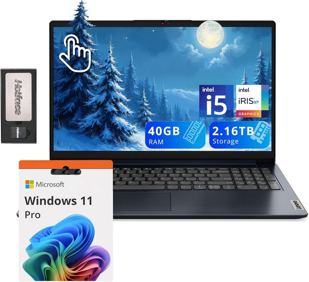 Lenovo IdeaPad 1i 15.6" FHD Touchscreen Laptop, Intel i5 1235U, 40GB RAM, 2.16TB Storage(2TB SSD + 160GB Docking Station), Intel Iris Xe Graphics, HD Camera, Dolby Audio, Wi-Fi 6, Win 11 Pro, Blue