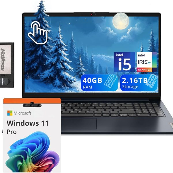 Lenovo IdeaPad 1i 15.6" FHD Touchscreen Laptop, Intel i5 1235U, 40GB RAM, 2.16TB Storage(2TB SSD + 160GB Docking Station), Intel Iris Xe Graphics, HD Camera, Dolby Audio, Wi-Fi 6, Win 11 Pro, Blue