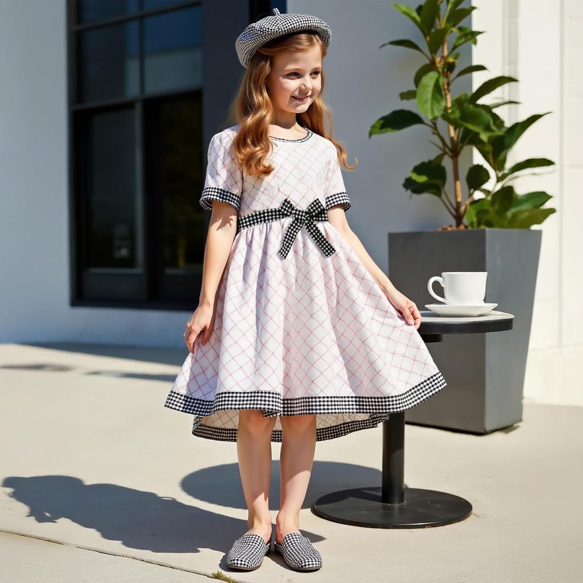 ⁦Xulinova girls' fashion plaid A-line dress with bow belt, short sleeves, breathable stretch fabric, size 8–12Y, فساتين بنات للعيد, فستان بناتي محتشم, ملابس اطفال بنات, فستان اطفال⁩ - الصورة ⁦2⁩