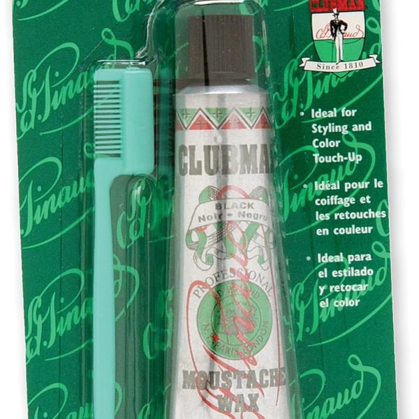 Clubman Pinaud Mustache Wax for Men – Strong Hold Moustache Wax for Styling, Includes Brush & Comb, Black, 0.5 oz